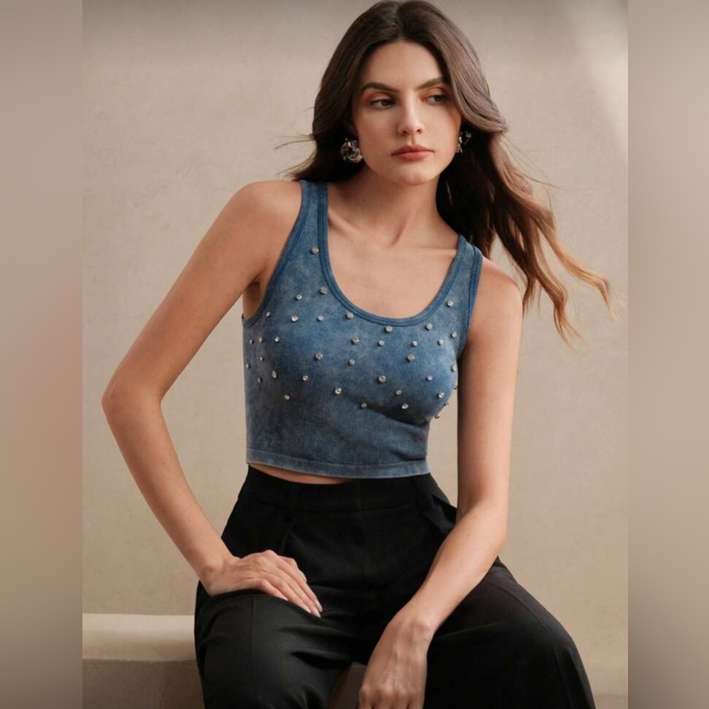 Embellished Denim Blue Crop Top. Women's Casual Rhinestone Washed Tank Top